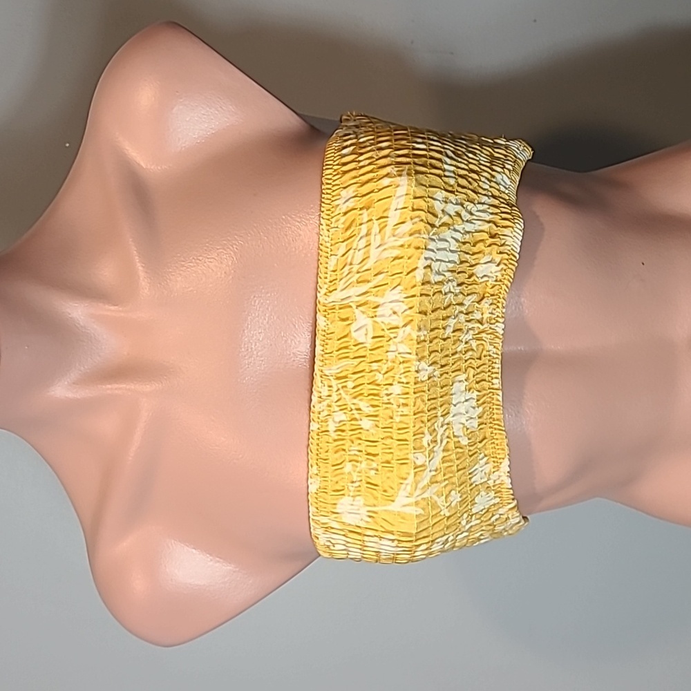 Triangl yellow floral smocked‎ strapless bikini top Size Small Vacation Swim